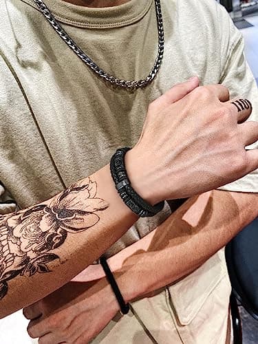 Thumbnail 6 de Bestyle pulsera de hombre de cuero y acero inoxidable con brújula vikinga (cierre magnético) negra, 21 cm