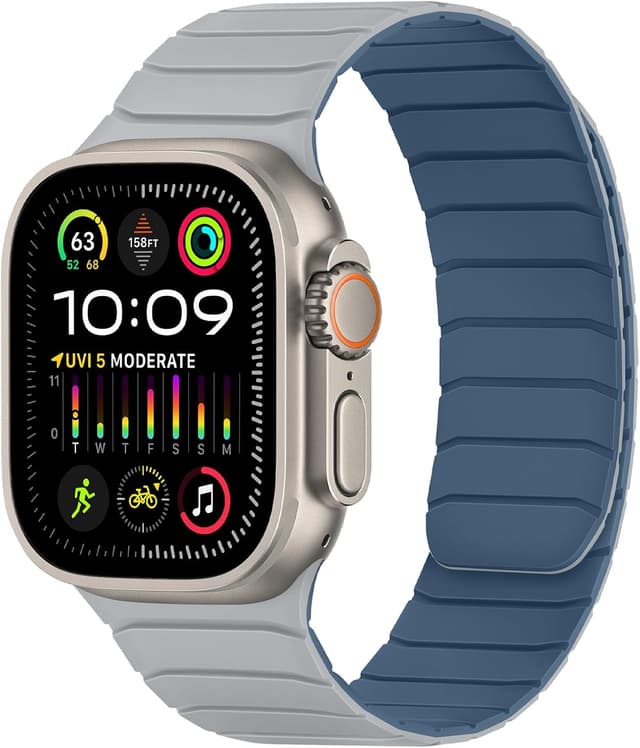 Detalle de Tasikar Magnetic Straps Magnetic Silicone Replacement Loop for Apple Watch (49mm–42mm) – Misty Grey/Blue