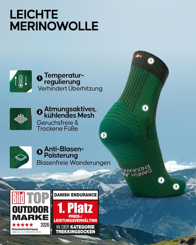 Detalle 2 de DANISH ENDURANCE Merino Wandersocken 3 Paar