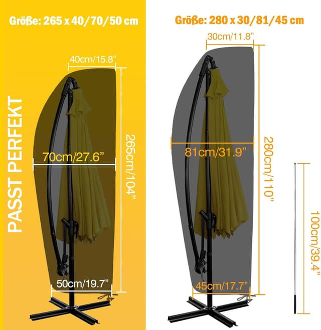 Detalle de Reinalin Sonnenschirm Schutzhülle mit Stab – wasserdicht & UV-beständig für Ampelschirme, 265 x 40/70/50 cm (Schwarz)