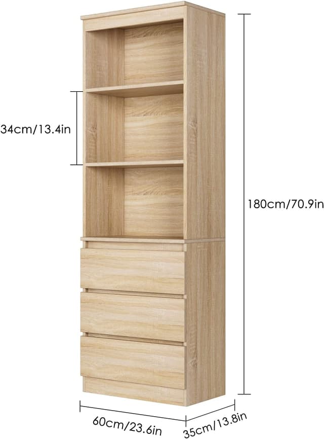 Detalle de FirFurd Bibliothèque haute chêne autoportante avec 3 étagères et 3 tiroirs, 60x35x180 cm