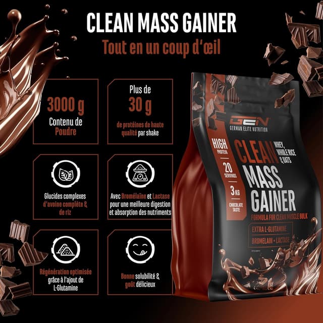 Detalle de Clean Weight Gainer 3 kg (chocolat) – gainer végétarien avec glucides complexes