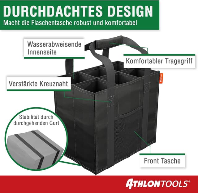 Detalle de ATHLON TOOLS Flaschentaschen 2er-Set (6 Fächer, 1,5 l je Fach) – faltbar, wasserabweisend, mit Trennwänden