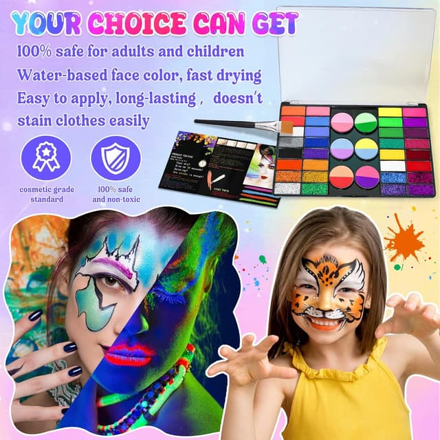 Detalle de Gigmeta Kinderschminke Set – 44 Gesichtsfarben mit Pinsel, Schablonen und Diamant-Stickern