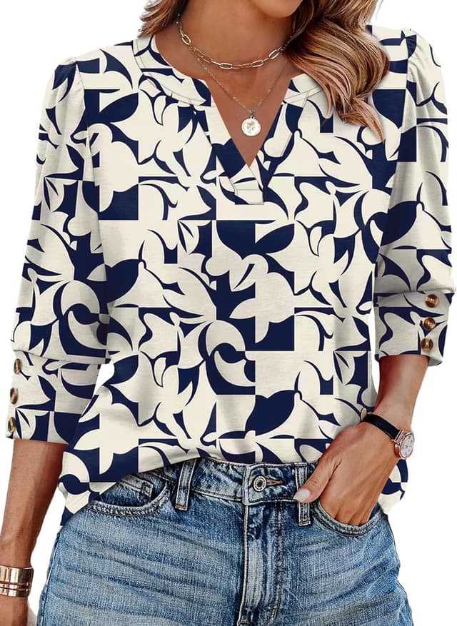 Detalle de WIHOLL Women’s 3/4 Sleeve V-Neck Top with Button Cuffs