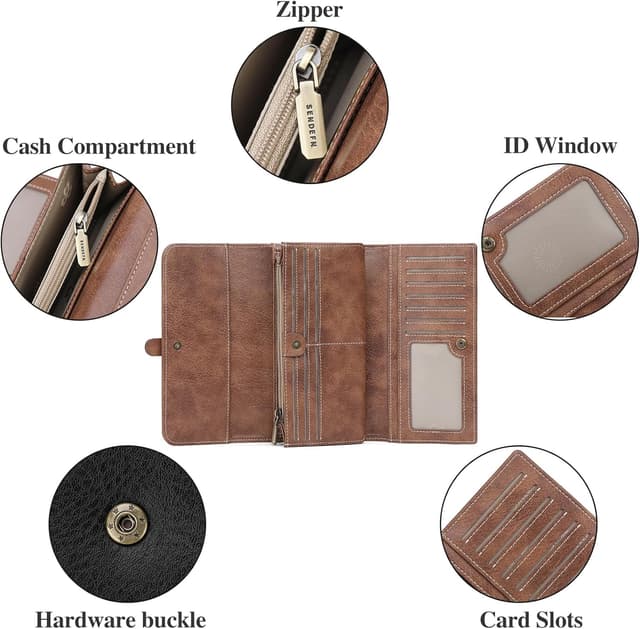 Detalle de SENDEFN RFID Blocking Leather Long Purse for Women with Zipper Compartment and Multiple Card Slots