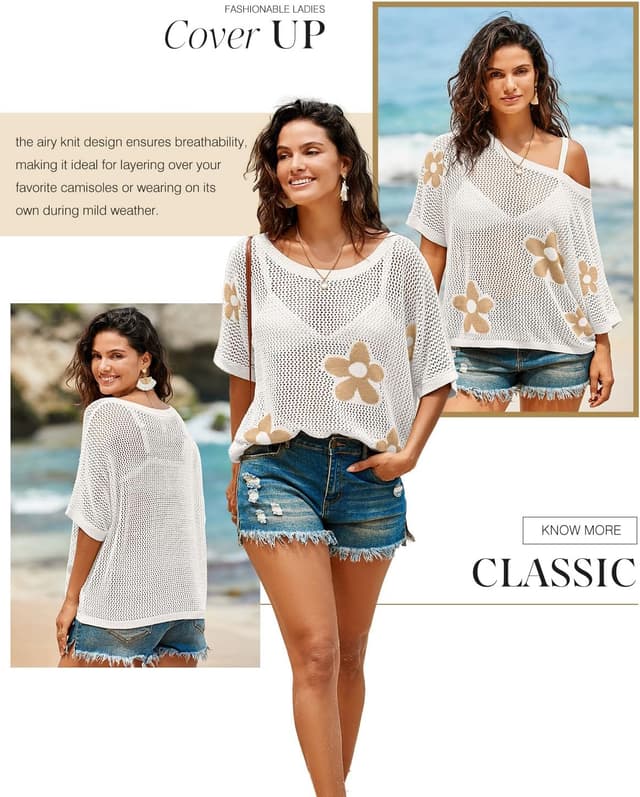 Detalle 2 de Dokotoo Floral Crochet Pullover Swimsuit Cover-Up Top for Women