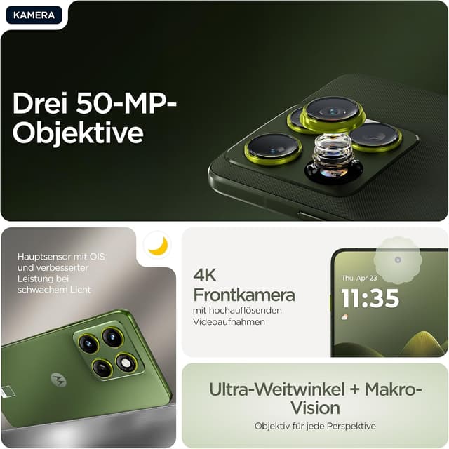 Detalle de Motorola Edge 70 Smartphone (Pantone Bronze Green) mit 50-MP-Kamera, 12/512 GB und IP68/IP69