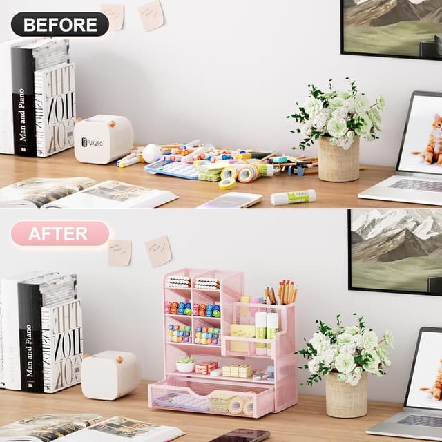 Detalle 2 de Marbrasse Organizer Scrivania multifunzione in rete con scomparti basculanti e cassetto (rosa)