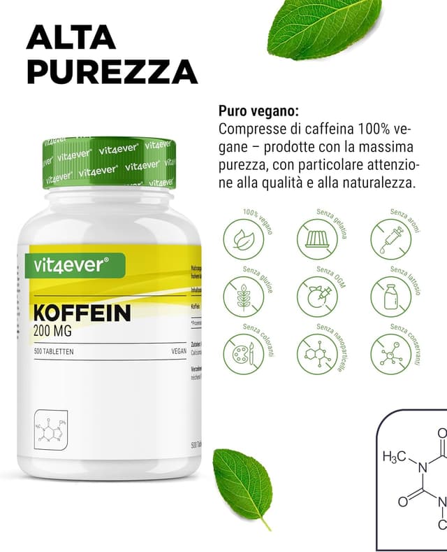 Detalle 2 de Compresse di caffeina da 200 mg ciascuna – 500 compresse, 200 mg caffeina anidra (vegane) vit4ever