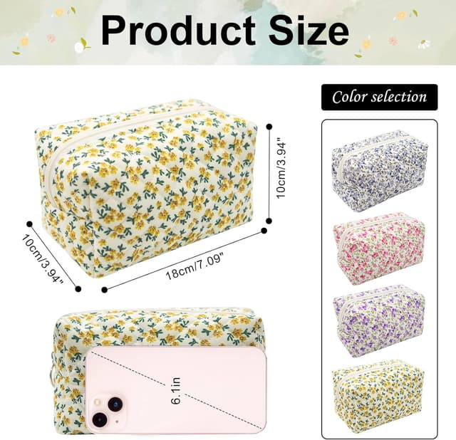 Detalle 2 de Long Keeper Floral Small Makeup Bag (Yellow) – Portable Cosmetic & Toiletry Pouch