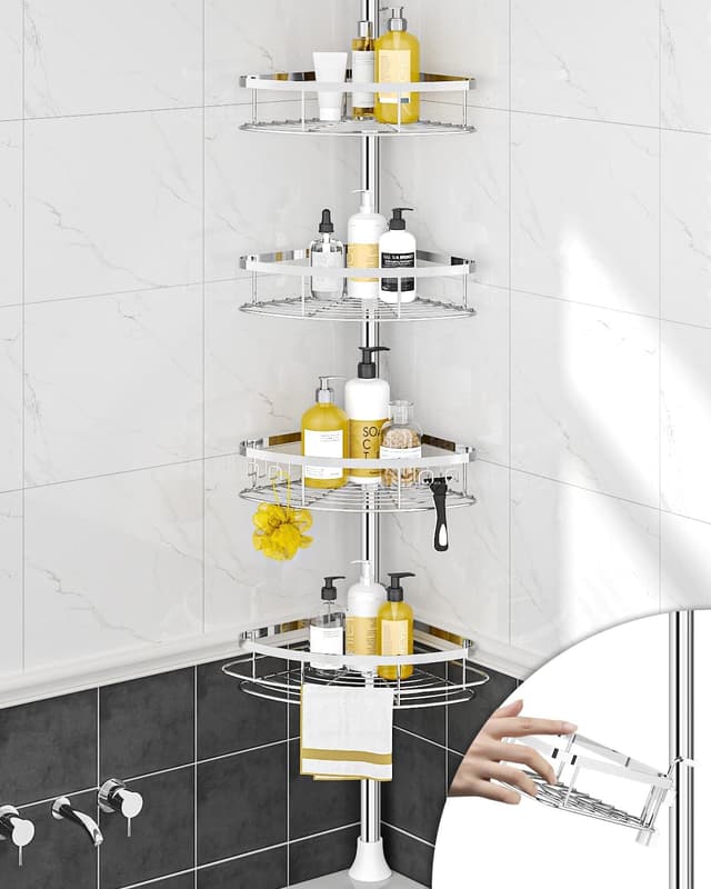 Detalle de SEIRIONE Rustproof Shower Corner Caddy Organizer with Tension Pole, 4 Adjustable Shelves
