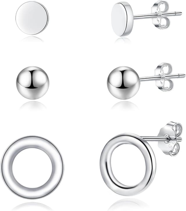 Detalle de Loutade Ohrstecker Set aus 925 Sterling Silber – 3 Paar (Kreis, Kugel, Scheibe) hypoallergen