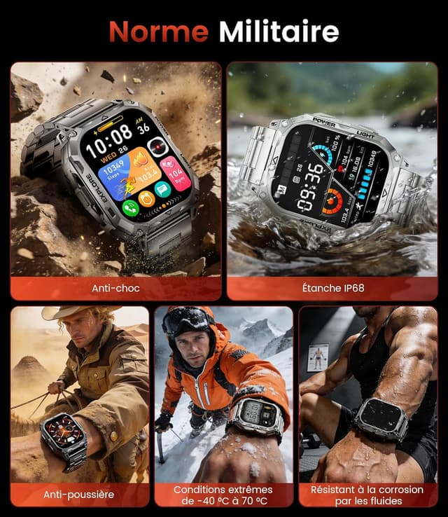 Thumbnail 6 de Montre connectée homme militaire 2,01" HD avec Bluetooth, fréquence cardiaque et IP68 (argent)