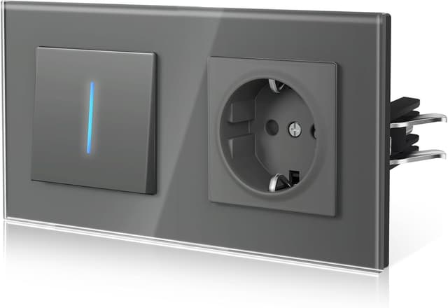 Detalle de BSEED Lichtschalter mit Steckdose aus Glas (Unterputz), NE-Serie, 1-fach Wechselschalter – Grau