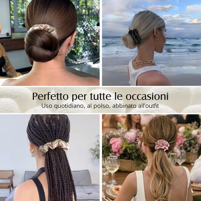 Detalle de Set di 3 scrunchies in seta Umisleep (100% seta di gelso) senza impronte, rosa + nero + champagne