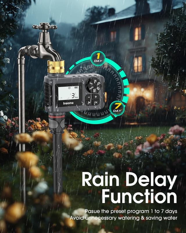 Detalle de Insoma outdoor hose water timer with rain delay and manual mode (LCD, IP55)