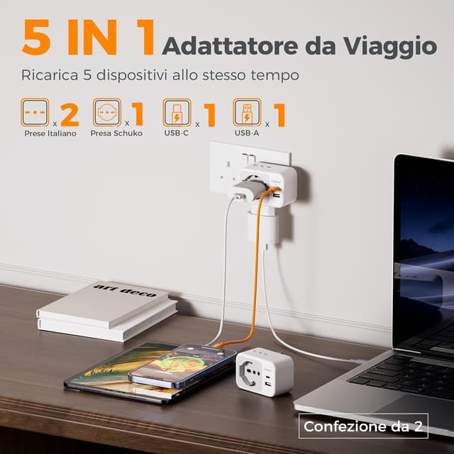 Detalle de TESSAN Adattatore presa Inglese a spina Italiana Pack da 2 (Tipo G) con USB-C e USB-A, 5 in 1