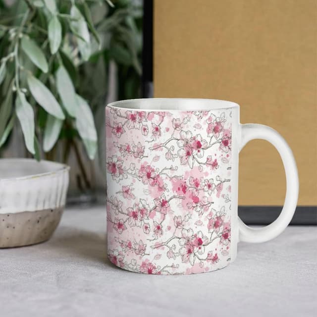 Detalle 2 de 11 oz White Ceramic Mug with Fade-Resistant Almond Blossom Pattern – Dishwasher Safe, Anti-Tip