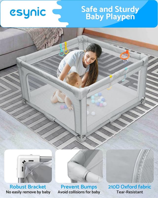 Detalle 2 de eSynic Large Foldable Baby Playpen (127 x 127cm) with Soft Mat, 50 Balls & Hoop