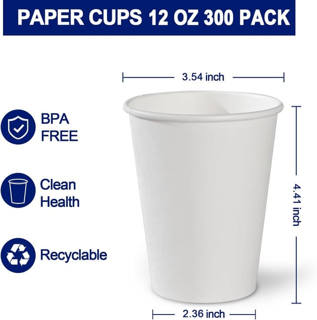 Detalle de Clawsoff 300-Count 12 oz Disposable Paper Coffee Cups (Leak-Resistant, Thickened White Cups)