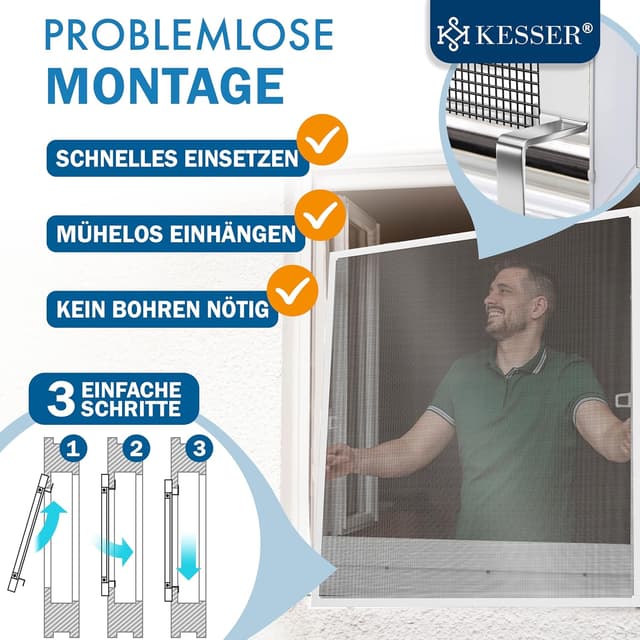 Detalle de KESSER® Fliegengitter Fenster 130x150 cm mit Aluminiumrahmen – Insektenschutz ohne Bohren (weiß)