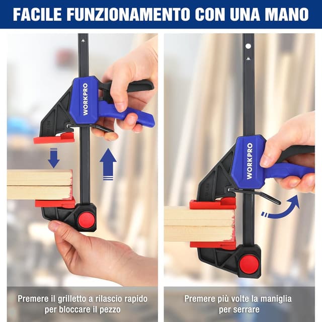 Detalle de WORKPRO set di 2 morsetti da falegname a sgancio rapido, barra fino a 150 mm e portata fino a 68 kg