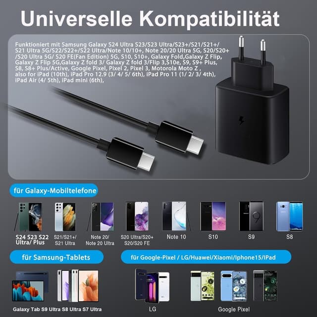 Detalle de Caricabatterie USB‑C da 45W con cavo rapido 2 m per Samsung Galaxy S e Tab (Power Delivery)