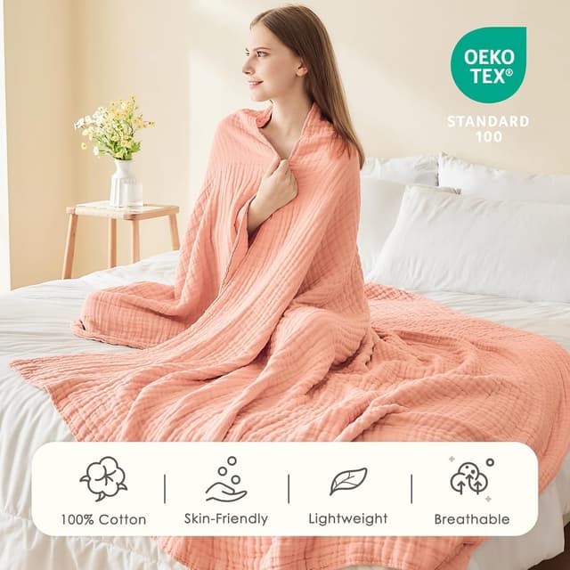 Detalle de EMME Musselin-Decke für Erwachsene (100% Baumwolle) 230 x 230 cm – rosa, 4-lagig, vorgewaschen