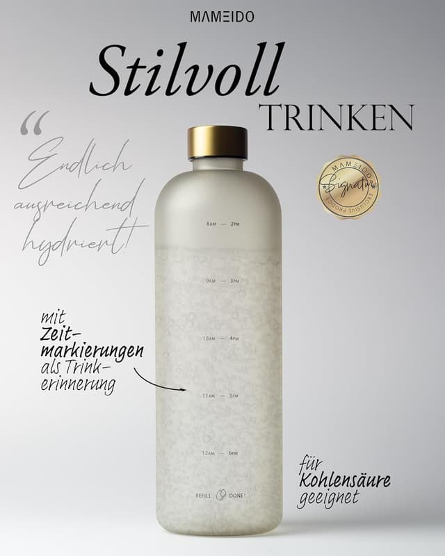 Detalle de MAMEIDO Trinkflasche mit Zeitmarkierung (1,5 l), kohlensäuregeeignet, auslaufsicher, BPA-frei – Ivory Beige Gold