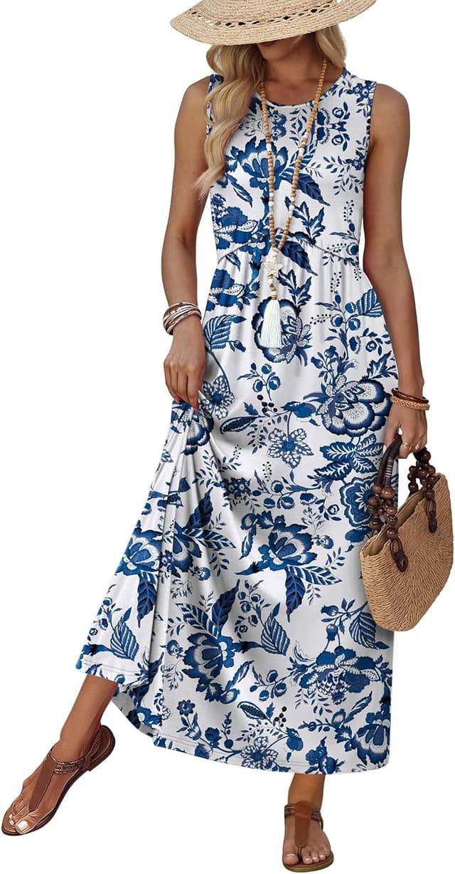 Detalle de WIHOLL Babydoll Maxi Dress with Pockets — Empire Waist Summer Sundress for Beach & Vacation