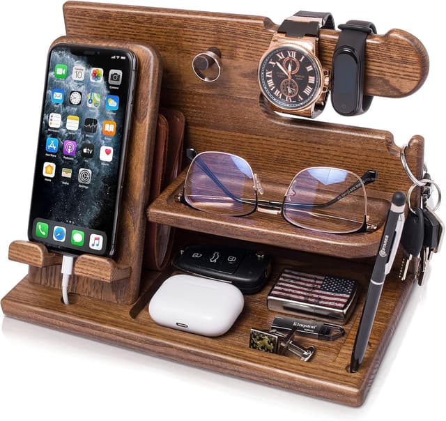 Detalle de Teslyar Gifts for Men Solid Ash Wood Phone Docking Station with Key Holder, Wallet & Watch Stand (Light Brown)