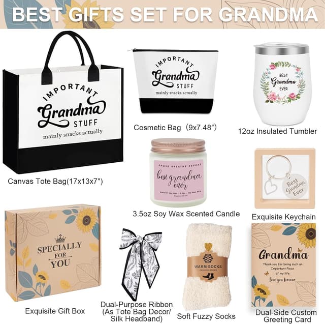Detalle 2 de SHXWELL Grandma Gifts for Grandma Birthday Gift Basket Set (9-Piece) with Tote Bag