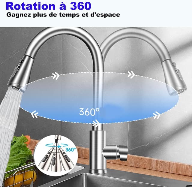 Detalle 2 de XWIHTR robinet de cuisine extractible pivotant 360° en acier inoxydable à 3 modes