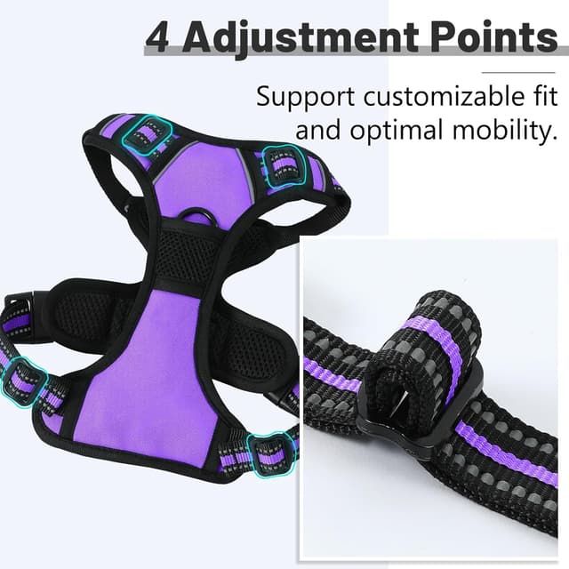 Detalle de Belababy reflective no-pull dog harness (Purple, Size S) with front clip and control handle