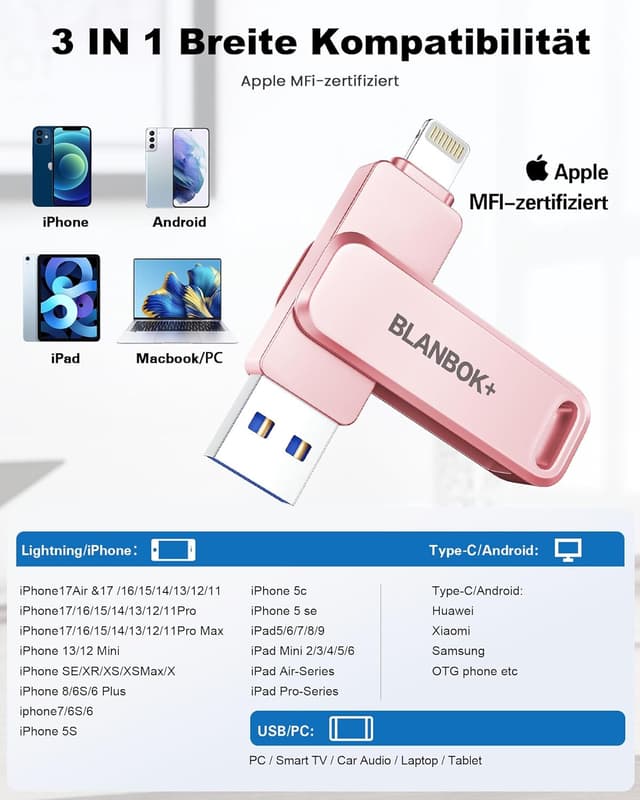 Thumbnail 6 de BLANBOK+ MFi-zertifizierter 3-in-1 USB-Stick (Lightning/USB-C/USB) für iPhone, iPad, Android & PC – 256 GB, rosa