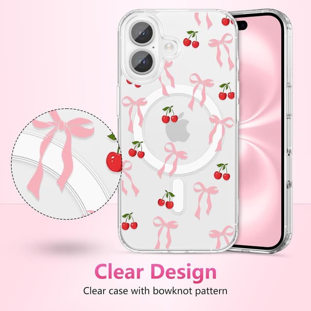 Detalle de ZTOFERA Magnetische Schutzhülle für iPhone 17 (6,3") – transparentes TPU mit Schleife & Kirschen-Muster