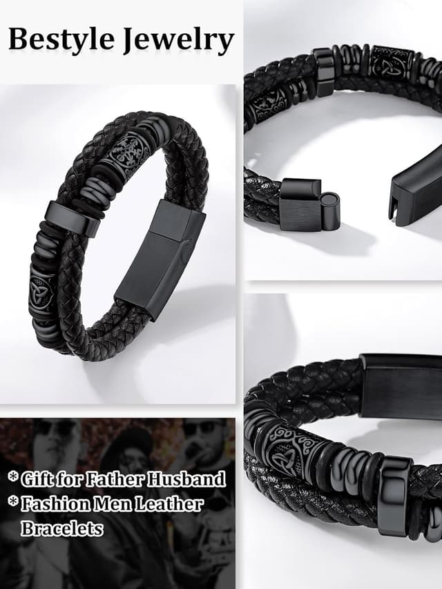 Detalle 2 de Bestyle Lederarmband für Männer aus Edelstahl mit Magnetverschluss – Gold/Silber/Schwarz, Flechtarmband (Längen 19/21/23/25 cm)