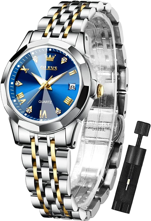 Detalle de OLEVS Women’s Analog Quartz Stainless Steel Watch with Day-Date, Luminous Hands & Roman Markers