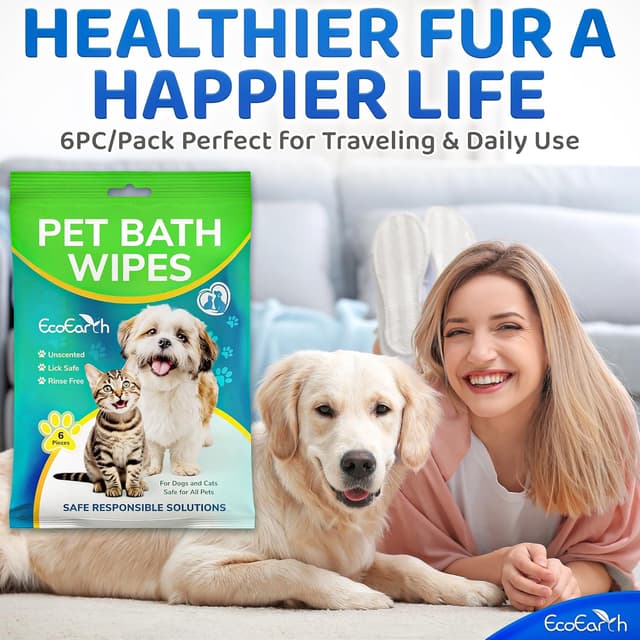 Detalle 1 de EcoEarth Premium Pet Wipes for Dogs & Cats (36 Hypoallergenic Wiping Gloves) — Waterless, lick-safe cleaning