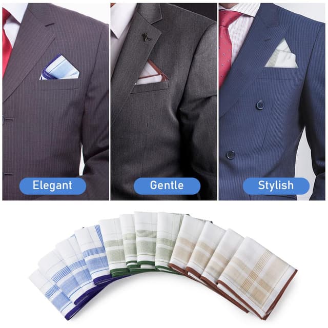 Detalle 2 de Aomig Herren-Taschentücher aus Baumwolle, Set mit 12 Stofftaschentüchern (3 Farben/B), 40 x 40 cm