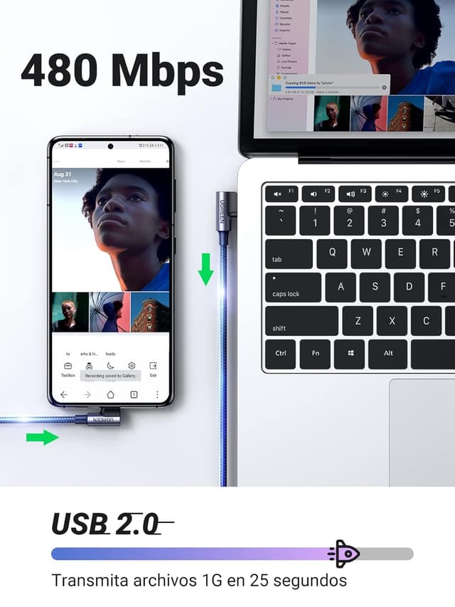 Detalle 1 de UGREEN Cable USB A a Tipo C 90° Carga Rápida 3A ⚡ 0,5M