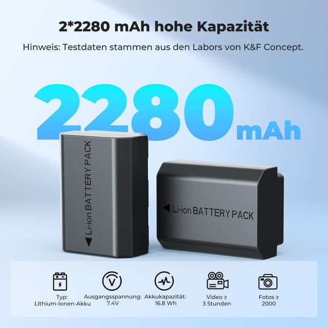 Detalle de K&F CONCEPT NP-FZ100 Kamera-Akku 2er Pack (2280 mAh) mit USB-Dual-Ladegerät für Sony Alpha