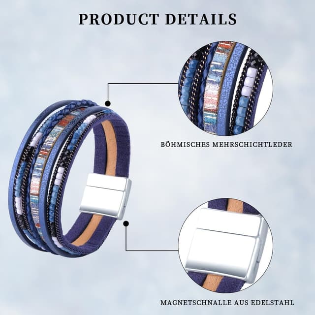 Detalle de Viwind Damen Lederarmband Boho Multilayer mit Magnetverschluss – ca. 19 cm, geflochtenes Wickelarmband