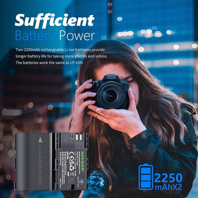 Detalle de NEEWER Ersatzakku- & Ladegerät-Set für LP-E6NH/LP-E6N (2x 2250 mAh) mit Dual-USB-Lader und USB-C-Kabel