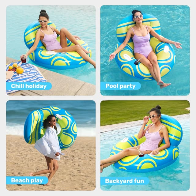 Detalle de Sloosh Inflatable Pool Chair Lounger (42" x 24") – Blue/Green pool lilo with backrest and cup holder