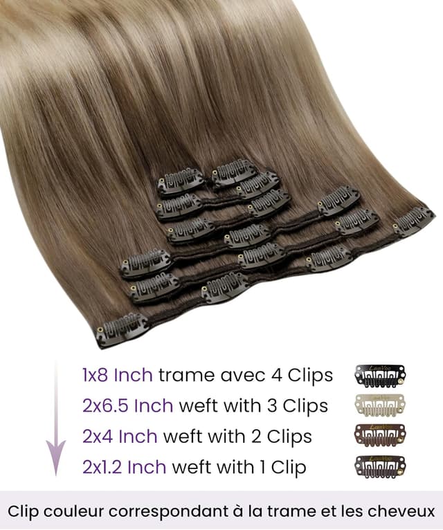 Detalle de LaaVoo Extensions de cheveux naturels à clip balayage marron clair–blond cendré–platine, 50 cm (7 pcs / 120 g)