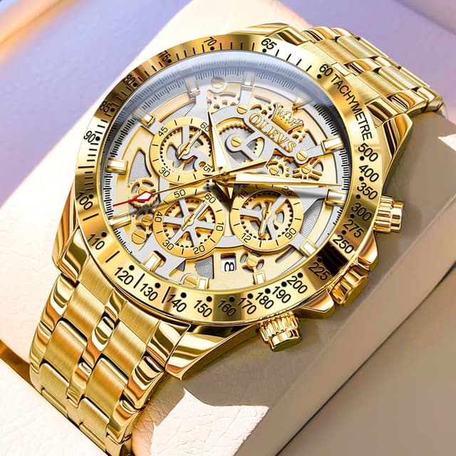 Detalle de OLEVS Herren Skeleton Quarz Business-Uhr mit Edelstahlband, 3ATM wasserdicht – skeleton Look