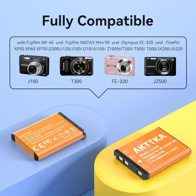 Detalle de Kit batterie AKTTKA NP-45 (2×1200mAh) con caricabatterie USB-C compatibile Olympus, Nikon e Fujifilm