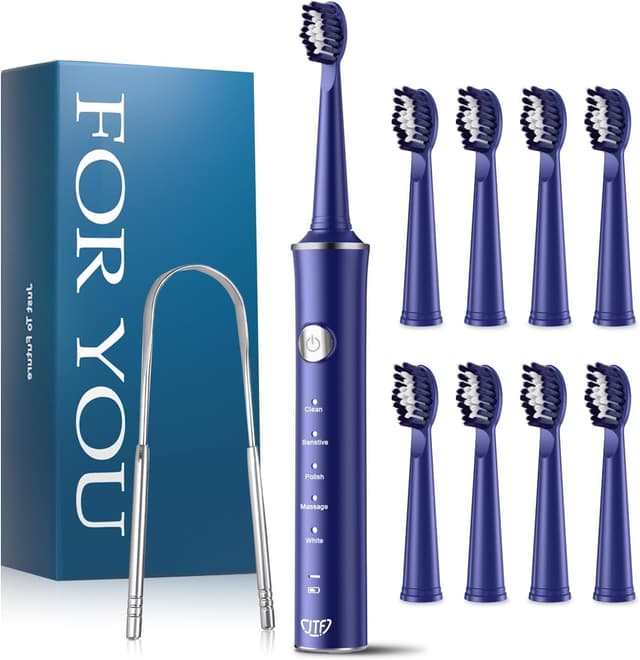 Detalle de JTF Elektrische Schallzahnbürste für Erwachsene – 5 Modi, 45 Tage Akkulaufzeit, IPX7 & 8 Bürstenköpfe (Blau)